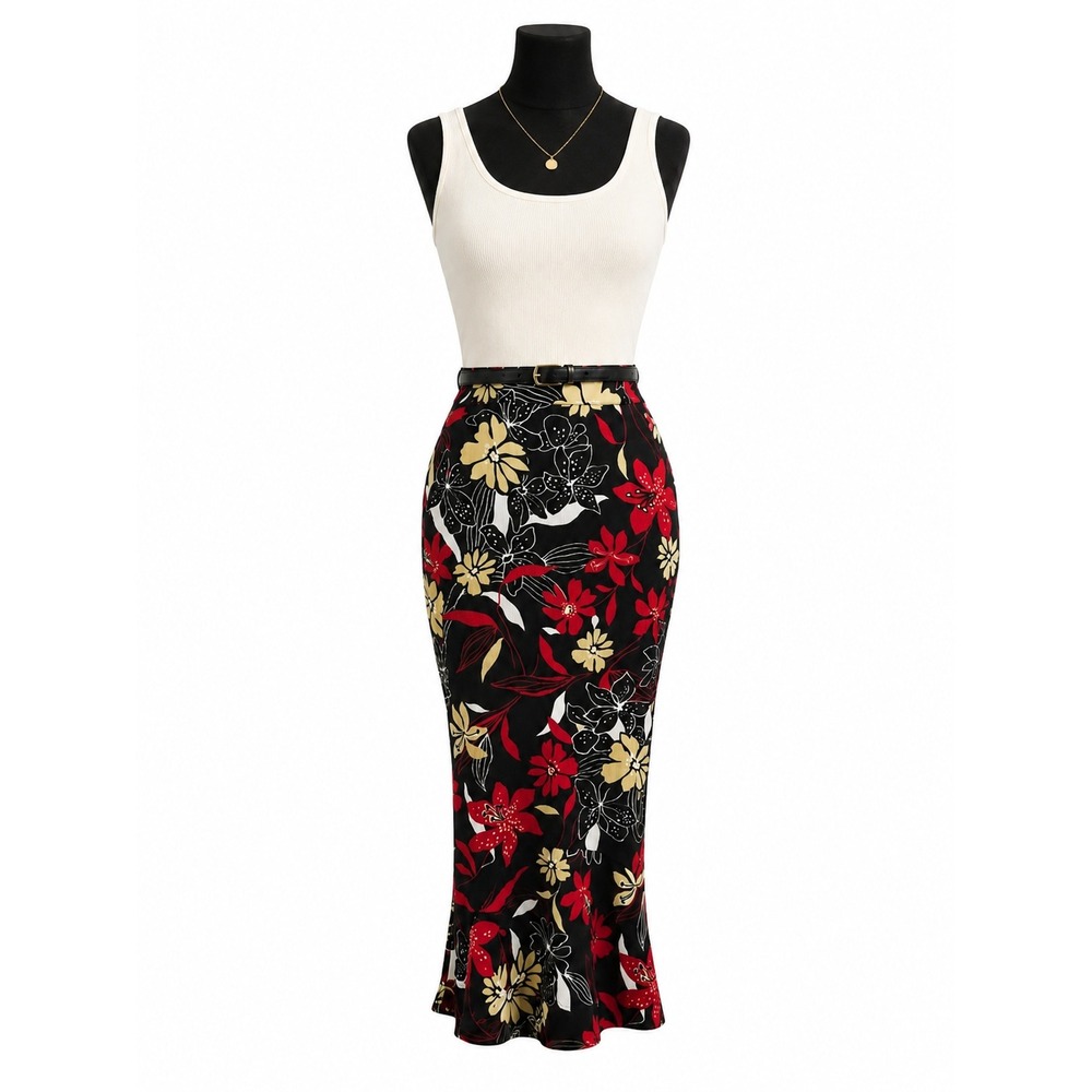 Alfred Dunner Floral Mermaid‎ Maxi Skirt Red Black Tropical Lily Plus Size 20